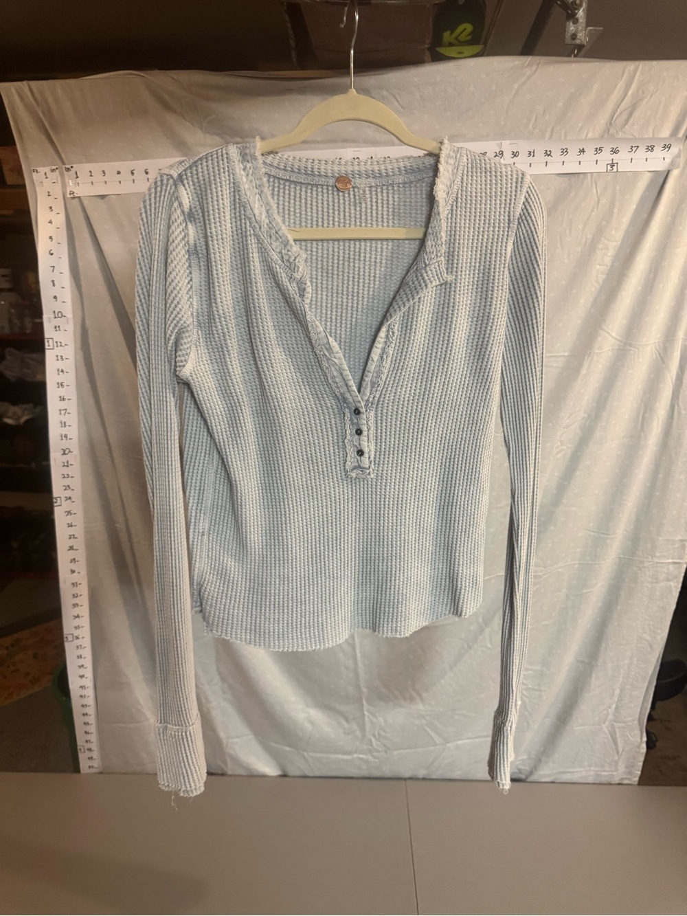Free People Light Blue Waffle Henley Long Sleeve Top